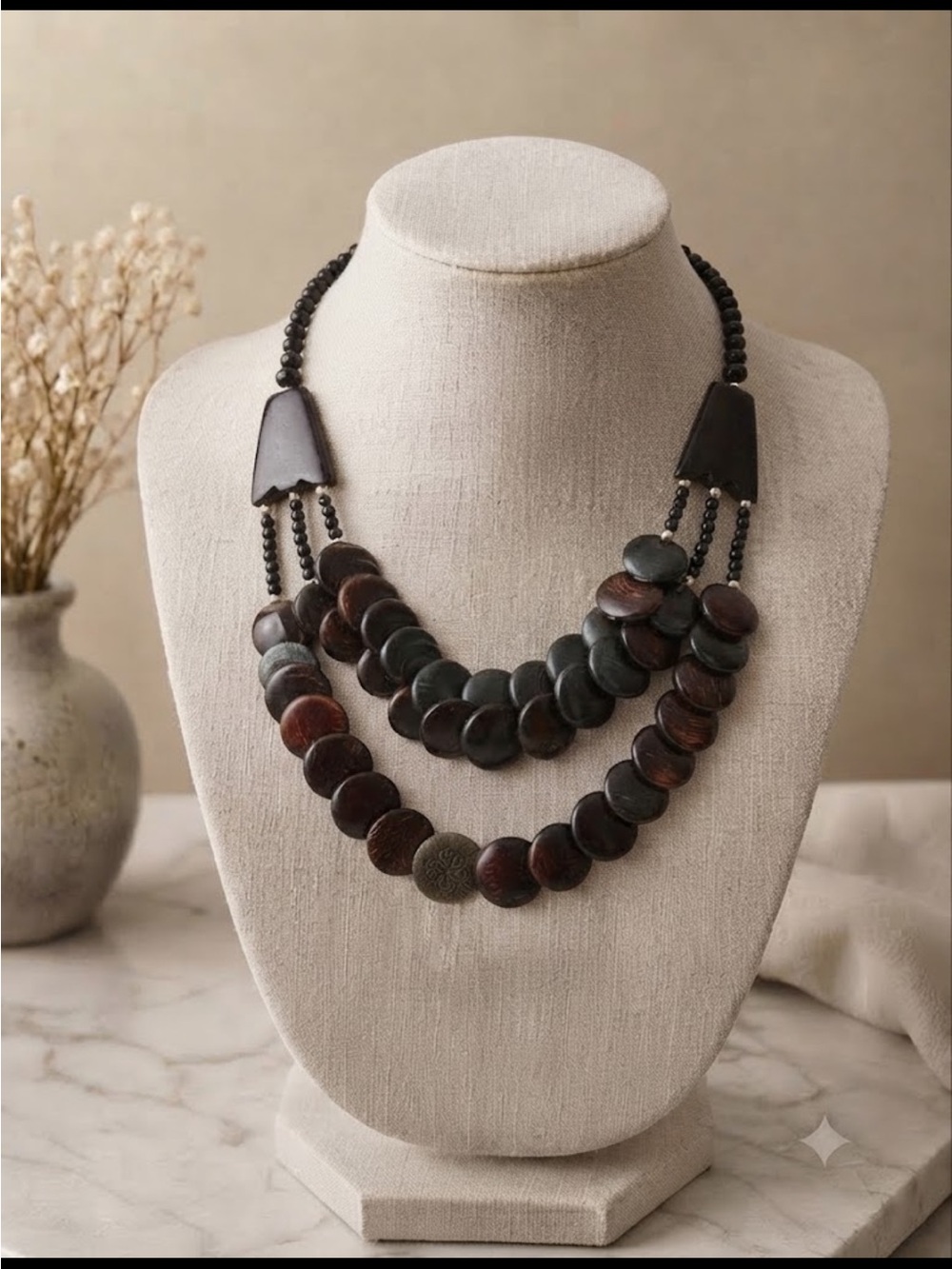 Vintage Hand-Carved Multi-Strand Tribal Statement Necklace